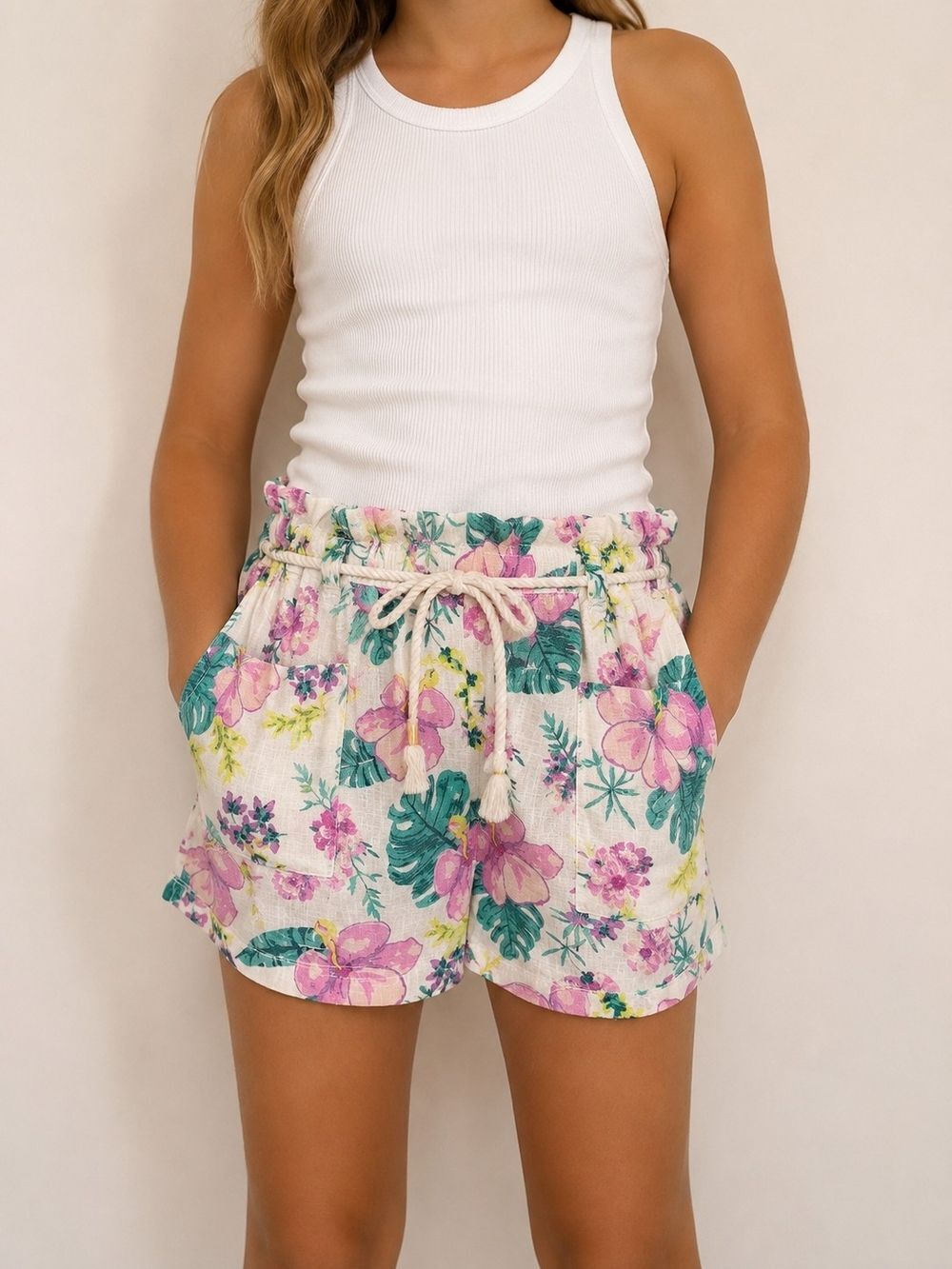Jessica Simpson Girls XL 14/16 Tropical Floral Paper bag Shorts Pink Green Pull-